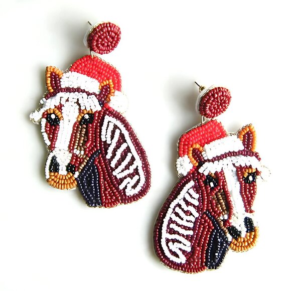 Western Cowgirl Horse Lovers Santa Hat Christmas Earrings NEW - Picture 1 of 1